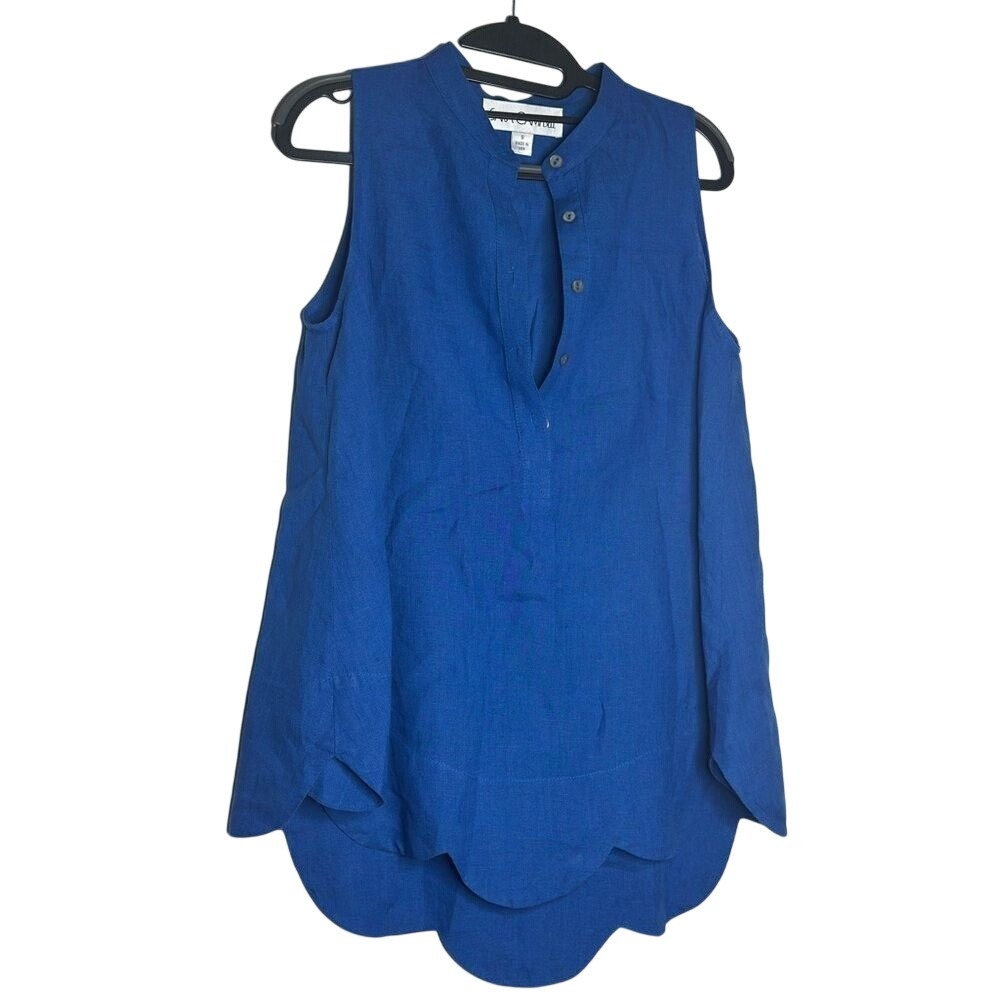 Sara Campbell Royal Blue 100% Linen Sleeveless Scallop Hem Tunic Top Small USA